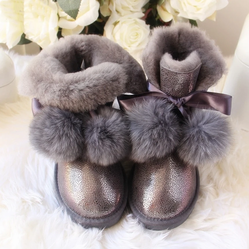 G&ZaCo Luxury Genuine Sheepskin Boots Women Winter Fox Ball Wool Snow Boots Waterproof Sheep Flat Short Boots Women\'s G Boot