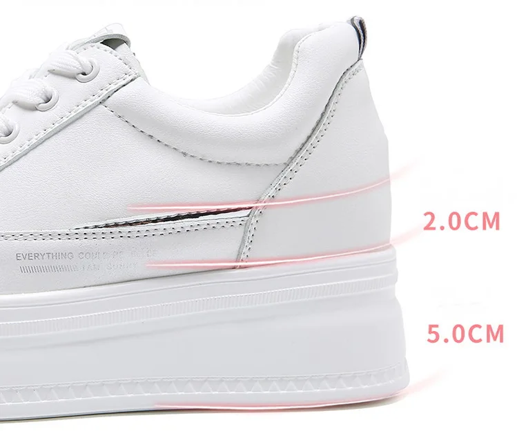Women Casual Shoes White Chunky Sneakers Skateboard Lady Leather Sports Leisure Footwear 7cm Platform Wedge Hidden Heel Shoes