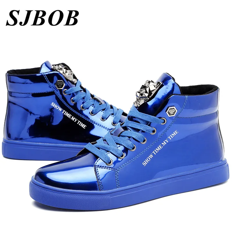 Trend Blue Men's Skate Shoes Leather Mirror Men Sneakers Sport Shoes Large Size 47 High Top Sport Shoes For Men Chaussure Hommes