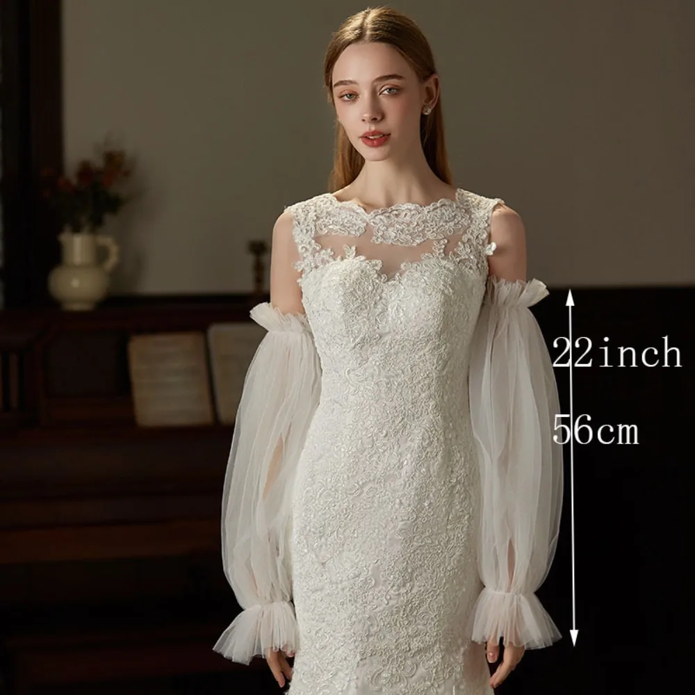Elegant Yarn Bridal Arm Sleeves Pleated Lace Breathable Arm Covers Solid Color Thin Wedding Long Sleeves Women view 6
