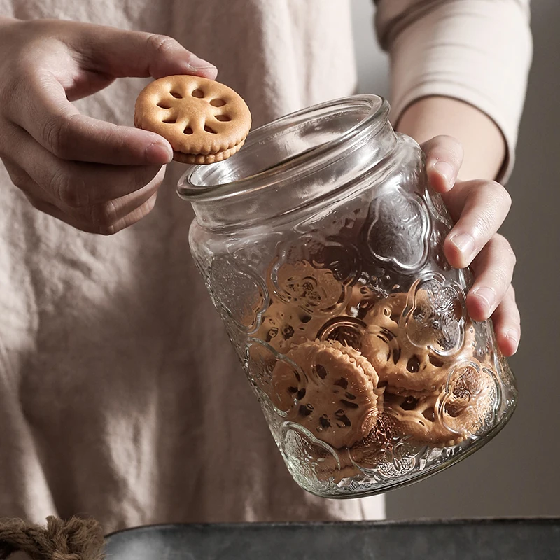 Japanese Retro Embossed Glass Sealed Jar Storage Jar Snack Dried Fruit Jar Glass Jar Kitchen Supplies Storage Jar Ornament