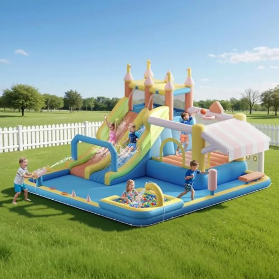 

Надувной батут-горка с зоной для прыжков, скалодромом, брызгозащитным бассейном и водяным пистолетом для использования в помещении и на улице