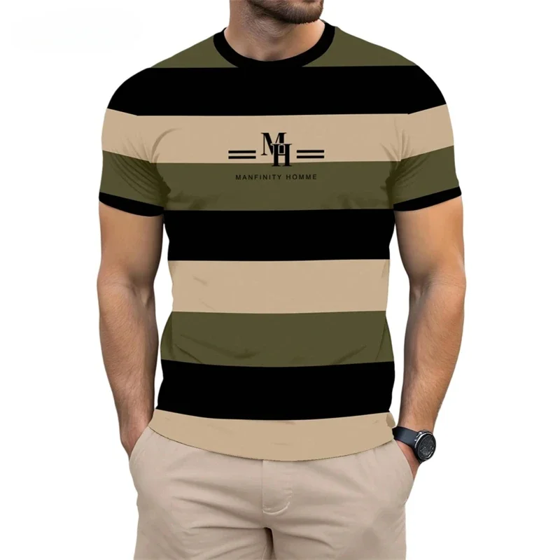 Fashion Men's Color Block Striped T-Shirt 3D Letter Print Crew Neck Short Sleeve Casual Athletic Top Classic Stripe Daily Wear