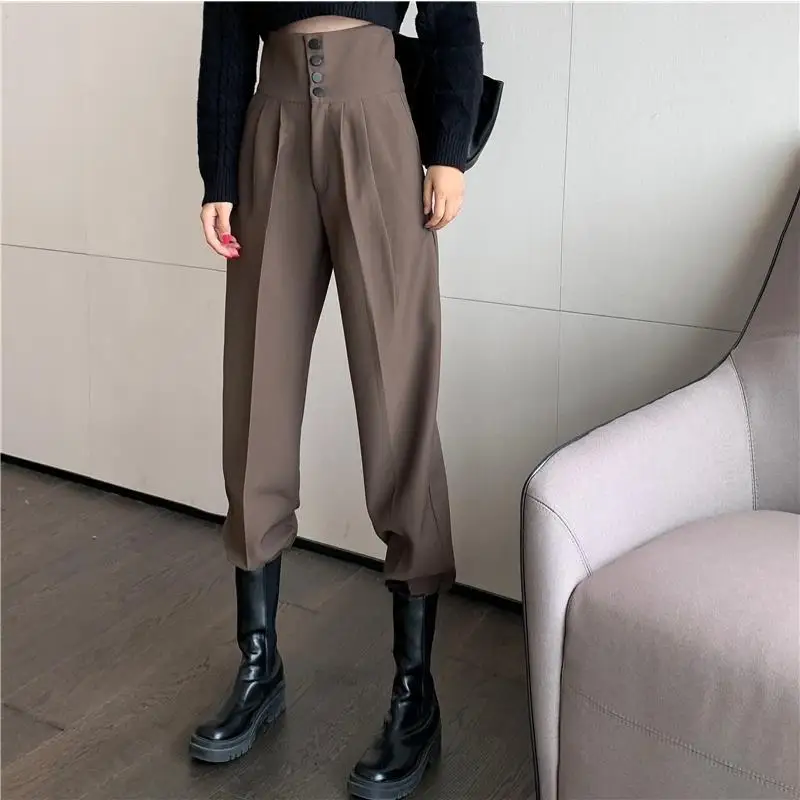 Primavera Autunno Moda Bottone a vita alta Abbigliamento da donna allentato Tinta unita Semplicità Pantaloni Haren vintage chic sottili