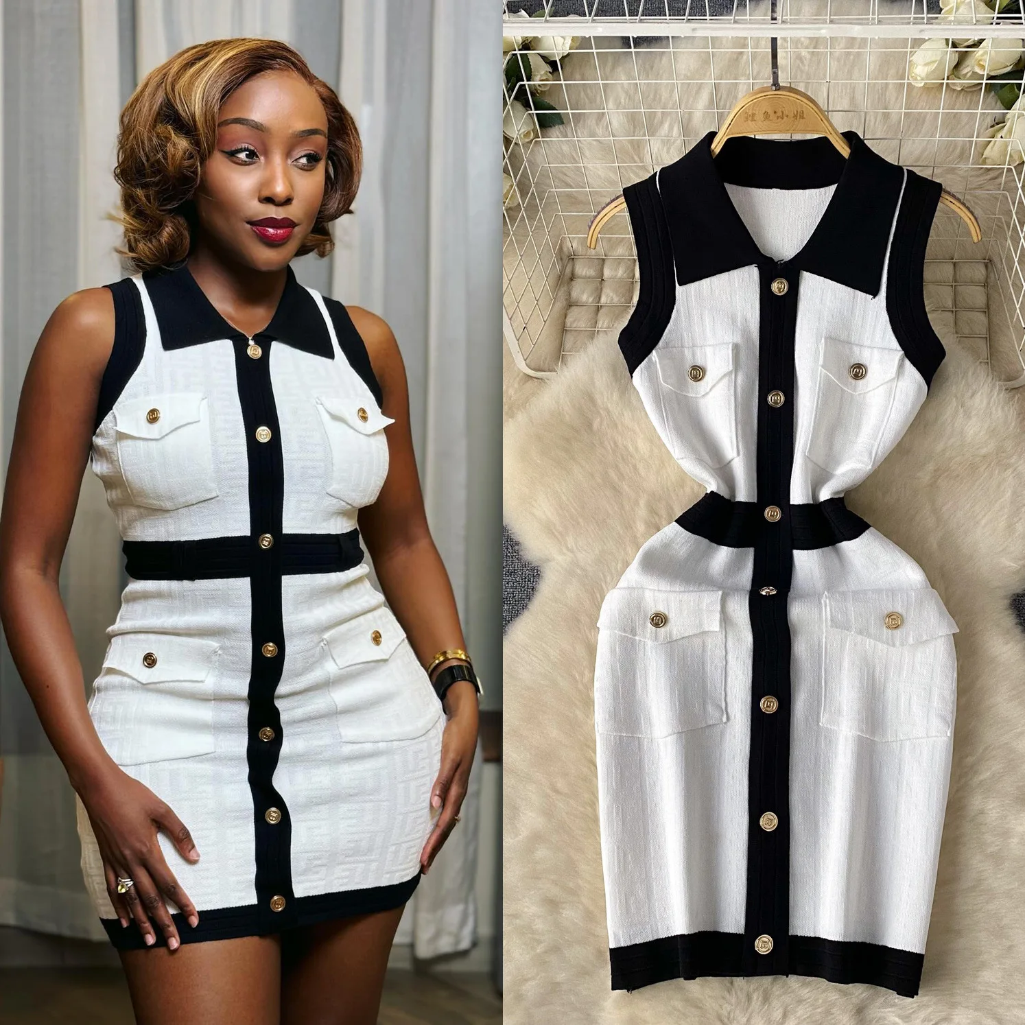 

Mini Dress Women Dresses Vests Knitted Vestidos Bodycon Streetwear Polo Neck Sleeveless Single Breasted Splice Y2k Elegant Work