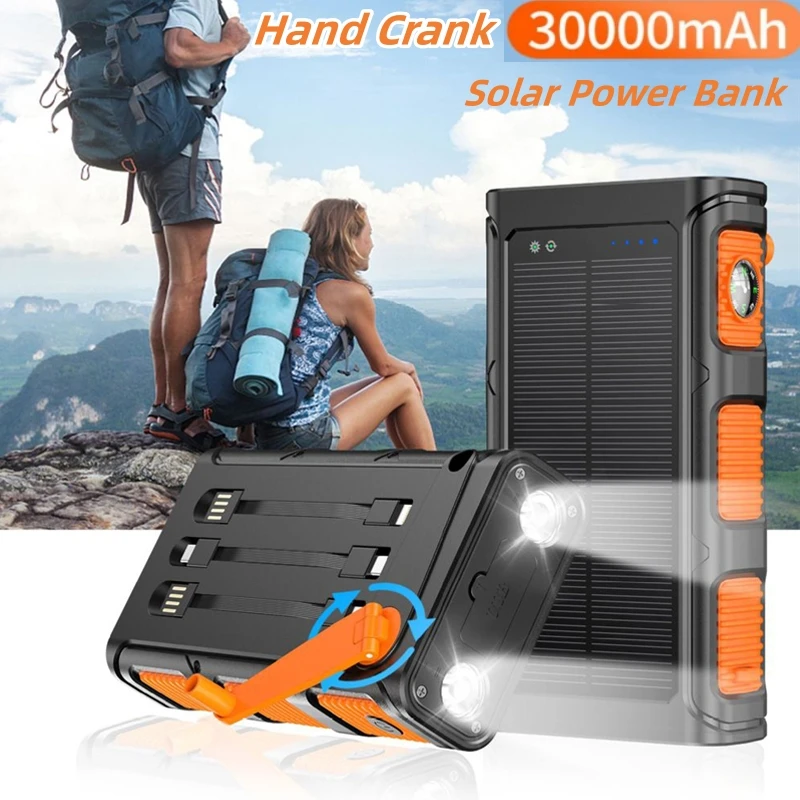 Hand Crank Solar Power Bank for iPhone15 Huawei Xiaomi Powerbank Fast Charging Portable Charger with Camping Light Spare Battery