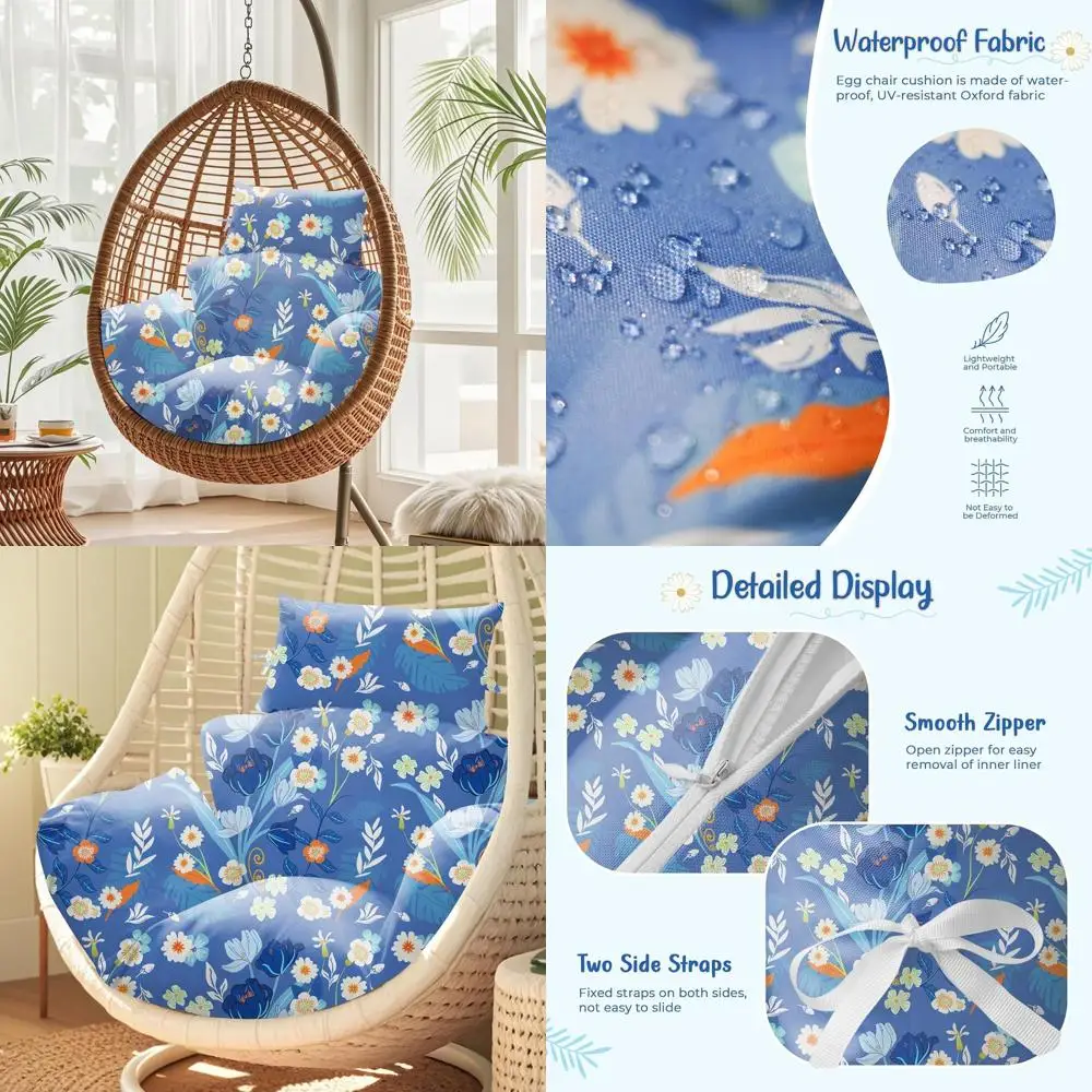 

Водонепроницаемая подушка для стула-яйца с рисунком синего пиона, 47x31,5x4,7, утолщенный чехол на стул-качалка для внутреннего и наружного использования
