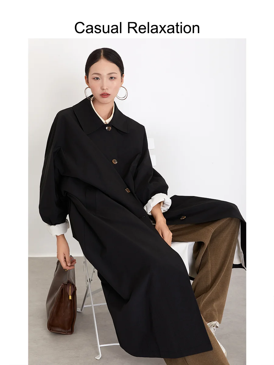 

Classic Long Coat Casual Relaxation Sle Briti Retro Silken Texture Bla on ape Spring Autumn New Sle Women's Jaet