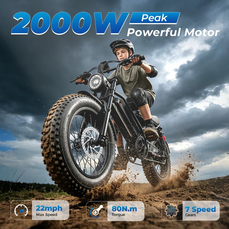 Electric Bike with Peak 2000W Motor, 600Wh Battery Electric Bicycle, Fat Tire Dirt Bike with Cruise Control, 55 Miles Moped Ebike that Suitable for Small Riders & Teenagers