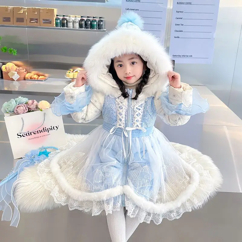 Kids Clothes Warm Warm Winter Thick Baby Girls Spanish Lolita Christmas Sweet Princess Ball Gown Blue Snow Long Mesh Jacket Coat