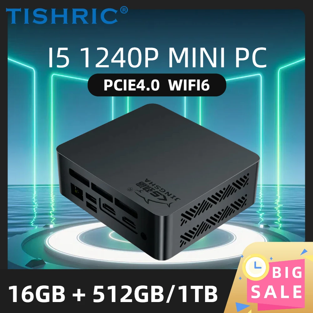TISHRIC كمبيوتر صغير Intel Alder Lake i5 1240P Windows 11 Mini Host 16GB DDR4 512GB/1TB PCIe M2 SSD BT5.2 WiFi6 لعبة كمبيوتر مكتبي