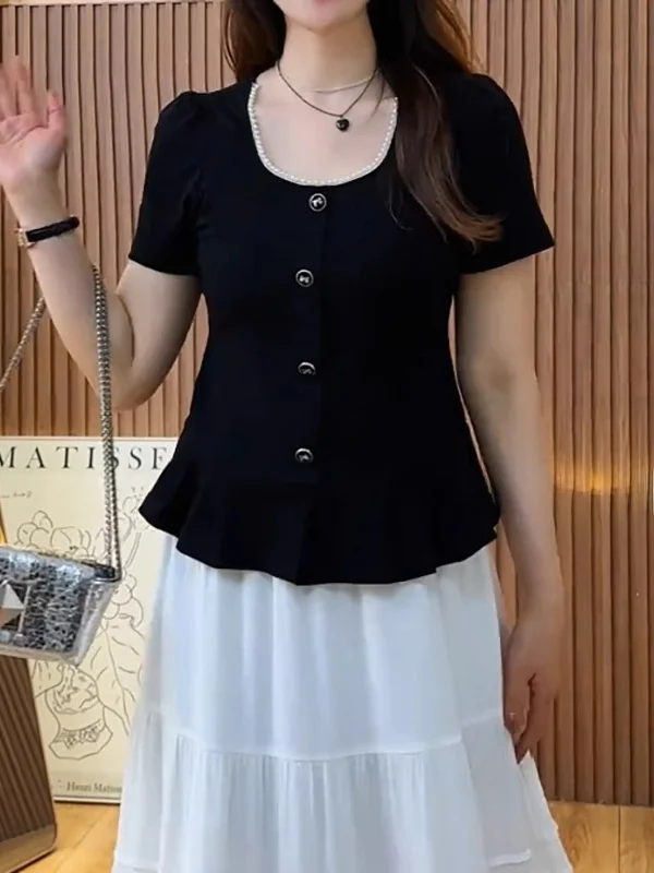 

Женская блузка больших размеров с квадратным вырезом и коротким рукавом, корейский стиль, для офиса, приталенная, стандартный крой