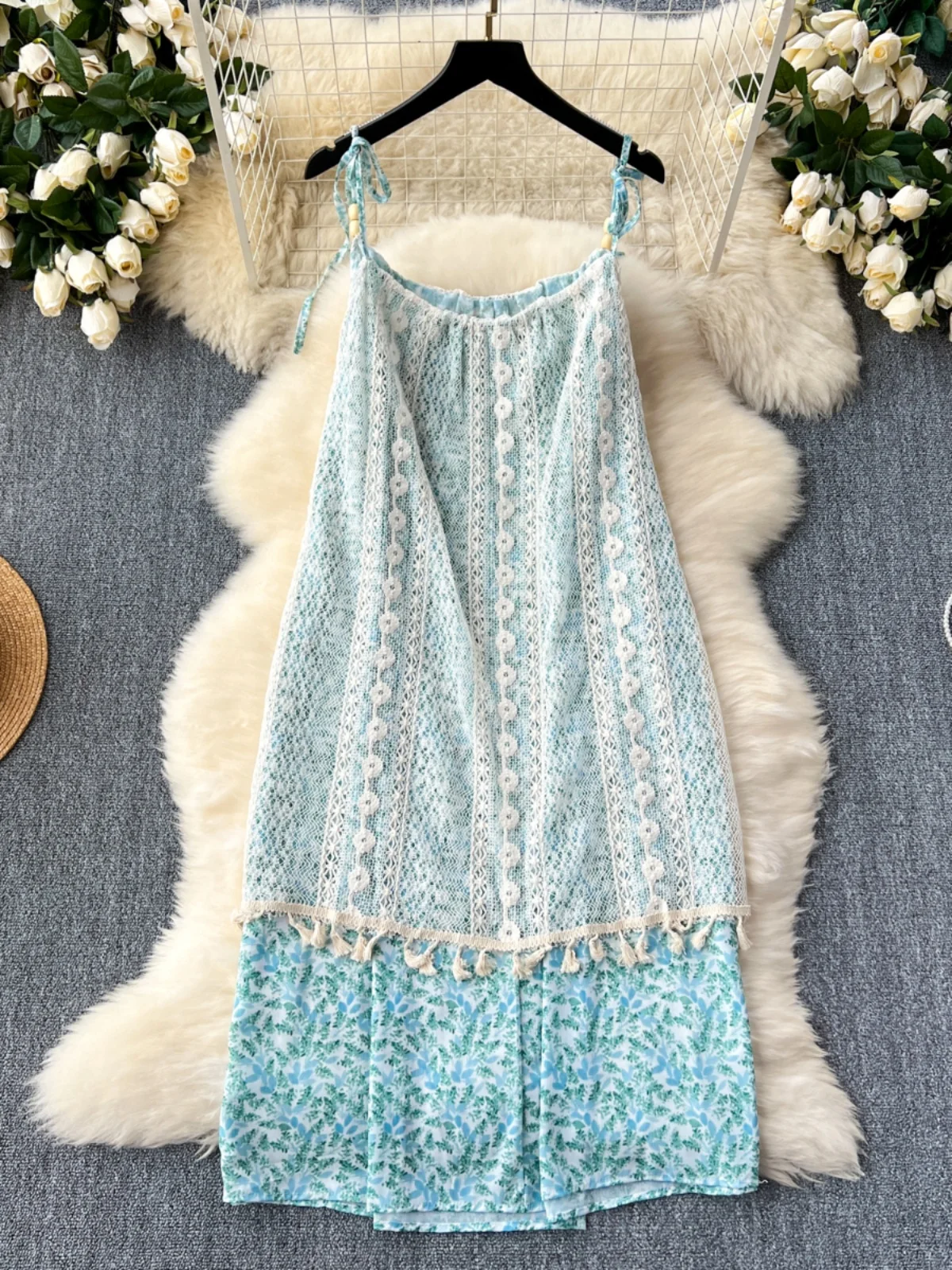 Foamlina Gebloemde Kanten Kwastjes Patchwork Sling Dress Vrouwen Zomer Mode Boho Print Mouwloze Vakantie Aan Zee Losse Midi Jurk