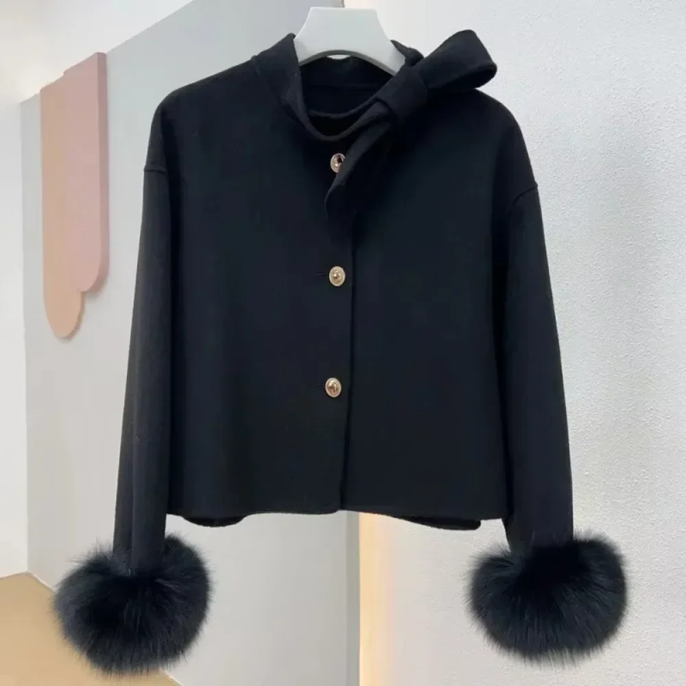 Frauen Echte Natürliche Fuchs Pelz Jacke Manschette Damen Wolle Outwear Weibliche Kaschmir Woolen Mantel 2025, Neue Winter Echte Natürliche Fuchs Pelz mantel