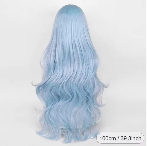 Wig wanita biru sintetis panjang bergelombang, Wig Cosplay Game Anime halus tahan panas untuk pesta sehari-hari