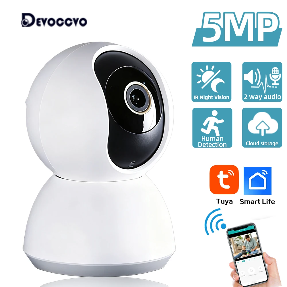 Tuya 5MP Wifi Smart Home Baby Monitor 2 Way Audio Mini Indoor Security IP Camera 2K PTZ Remote Access CCTV Surveillance Camera