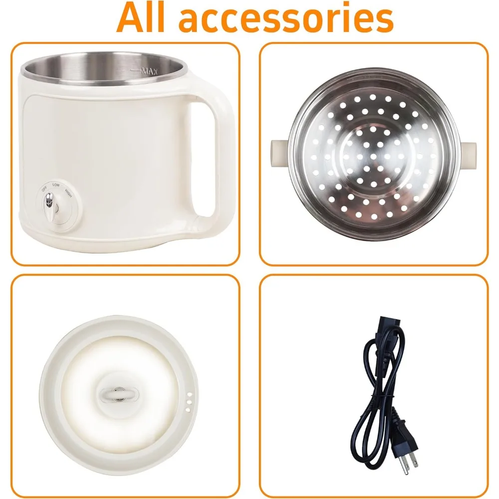 Hot Pot Electric with Steamer：2.0 L Ramen Cooker, Multifunctional Stainless Steel Electric Pot for Cooking, Portable ElectricPot