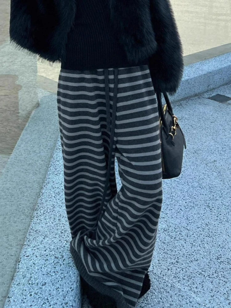 Pantalon ample rayé à jambes larges pour femme, taille haute, droit, tricoté, nouilles de riz, longueur au sol, automne hiver