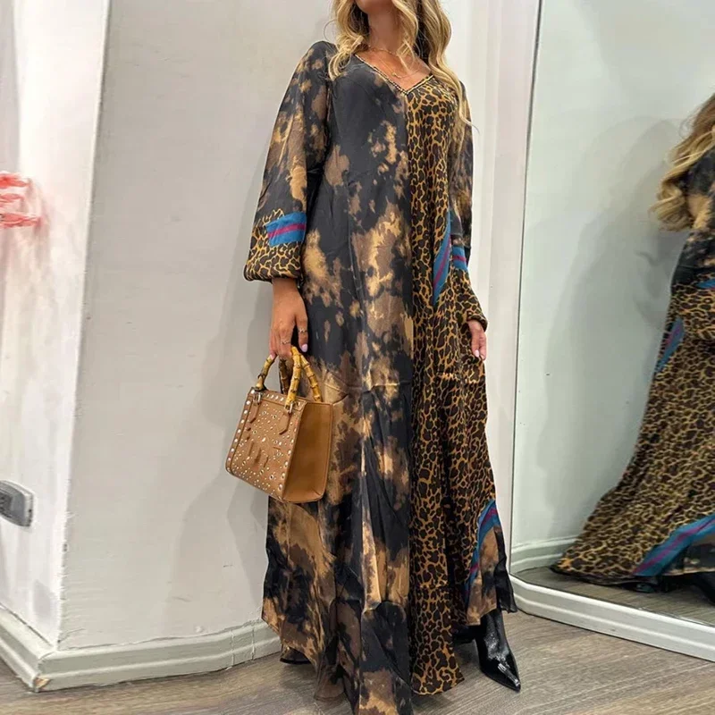 2023 Casual Autumn Winter Women Dress Sexy Leopard Print V-neck Backless Long Sleeve Party Office Lady Elegant Robe Dresses