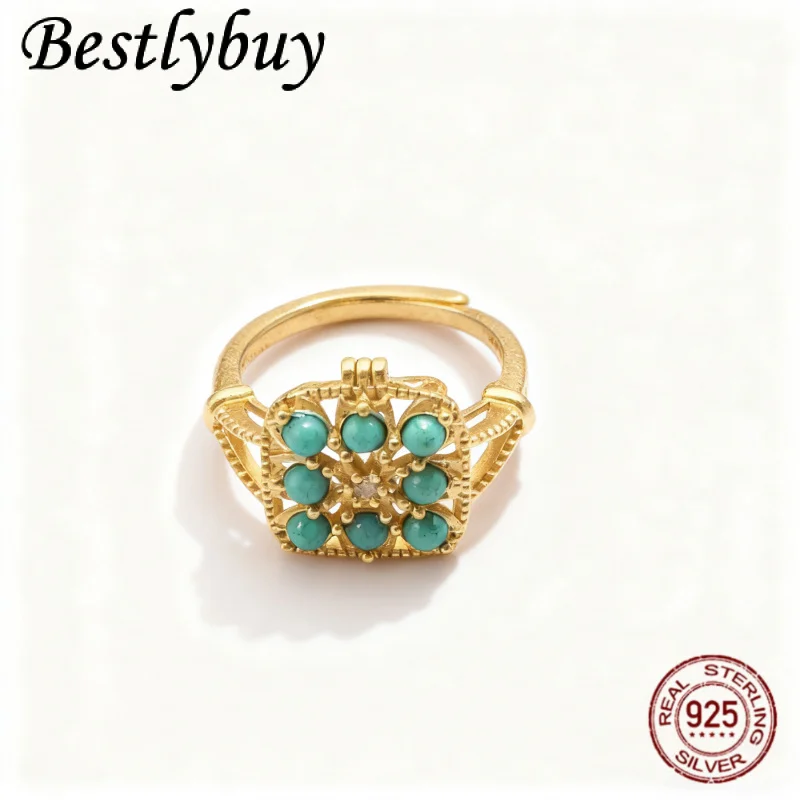 

newS925 Silver Natural Gold Plated Natural Mineral Turquoise Square Hollow Fashion Ring Can Open Women's Unique Gift
