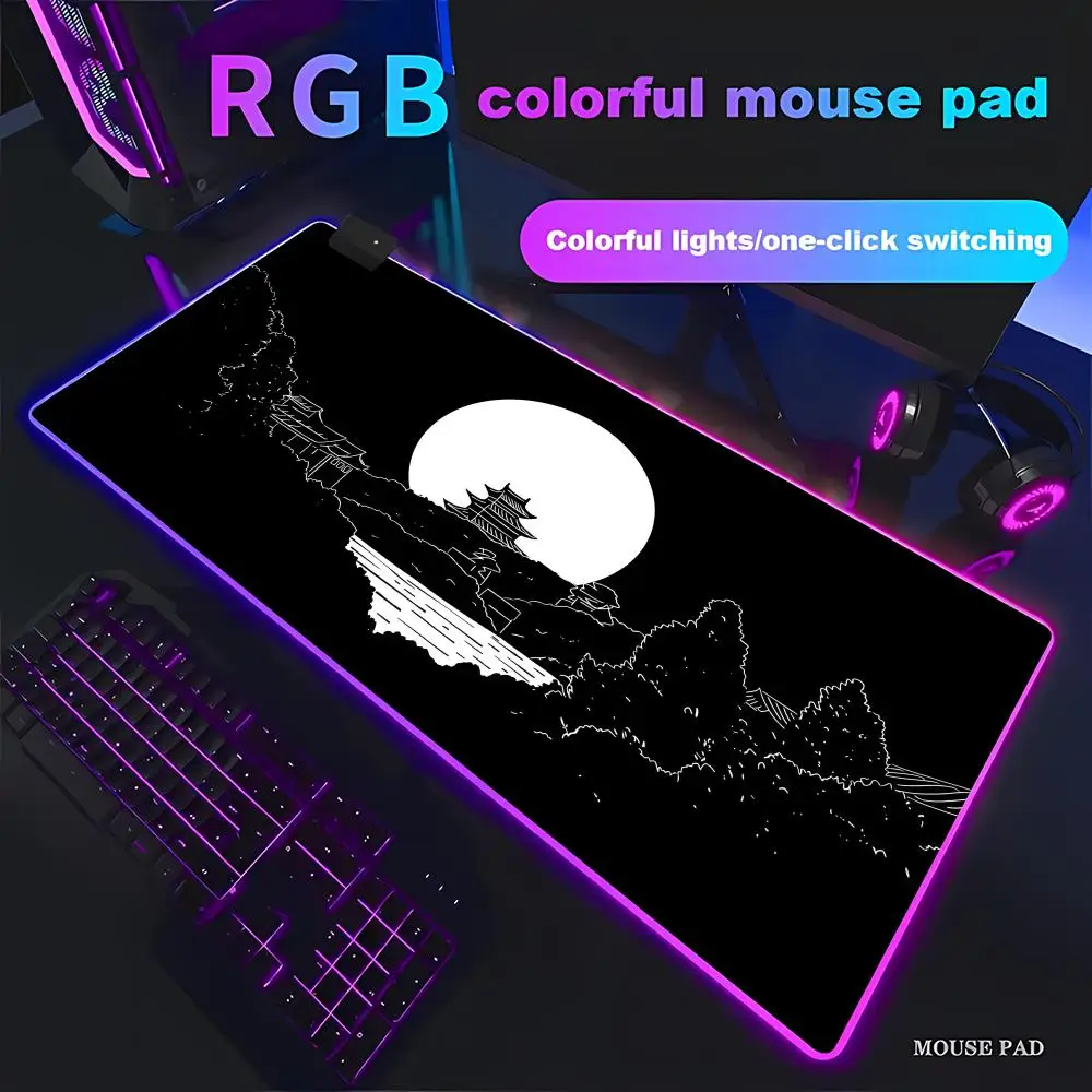 

HYBXAXC Oriental Sunset Temple Mouse Pad Mat Non-Slip Rubber Base for Office Asian Aesthetic Decor RGB Gaming HD Large LED Light