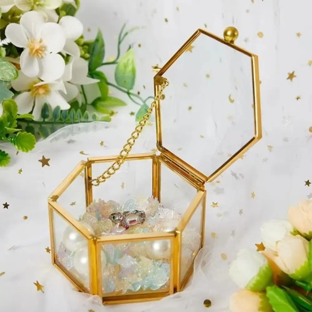 

High-end Gold Hexagonal Ring Box Hexagon Geometric Glass Jewelry Storage Box Retro Luxurious Ring Box Jewelry Storage