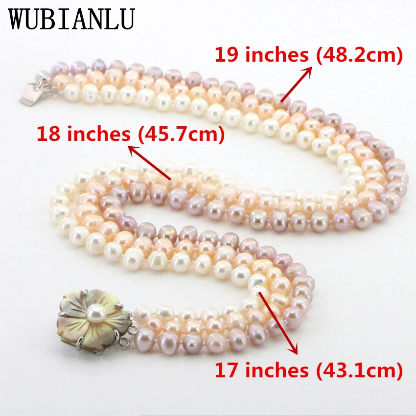 WUBIANLU 3 Row 7-8mm White Freshwater Pearl Necklace Chain Floral Buttons Jewelery Women Girl Banquet 17-19 InchFashion Charming