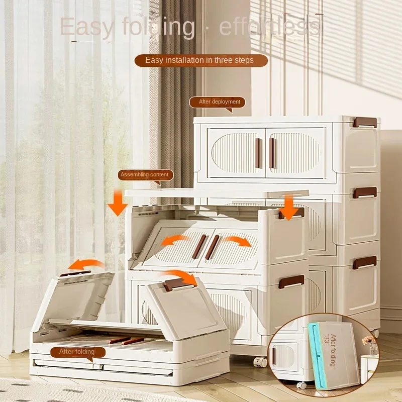 Folding Storage Box Storage Cabinet with Wheels Multifunctional Organizer with Pulley Household Sorting Solution