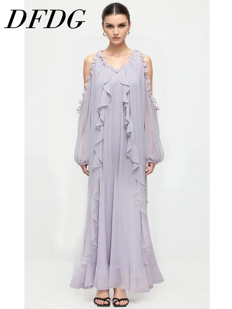 DFDG Damska Sukienka Maxi Minimalistyczna na Wiosnę Lato 2025, Odkryte Ramiona, Marszczenia, Długi Rękaw, Falbanki, Luźna, Wyszczuplająca Sukienka Wakacyjna