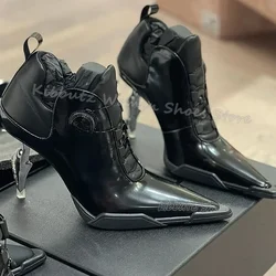 Pumps Ankle Boots Novelty Leather Solid Color Strange Heels Lace-Up Fashion Elegant Sexy Concise Women Shoes Pointy Solid Color