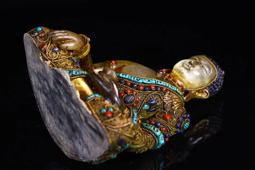 

9"Old Nepalese temples Old Natural Crystal Tibetan Silver Mosaic Gem Turquoise Sakyamuni Amitabha Buddha Worship Hall