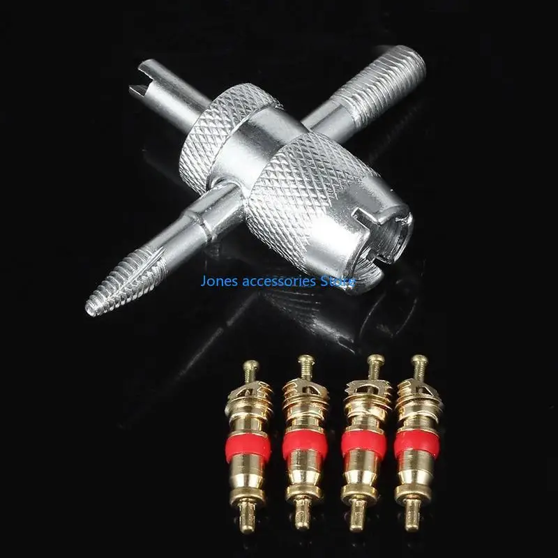 W8KD Car Bike 4 Way Tyre for Valve Repair Standard Tire Remover Tool + 4 Stem Cores K - Image 4