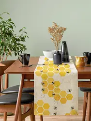 Geometric Bee Pattern Table Runner Cartoon Linen Multi-purpose Decorative Dinging Party Wedding Holiday Tablecloth Home Decor