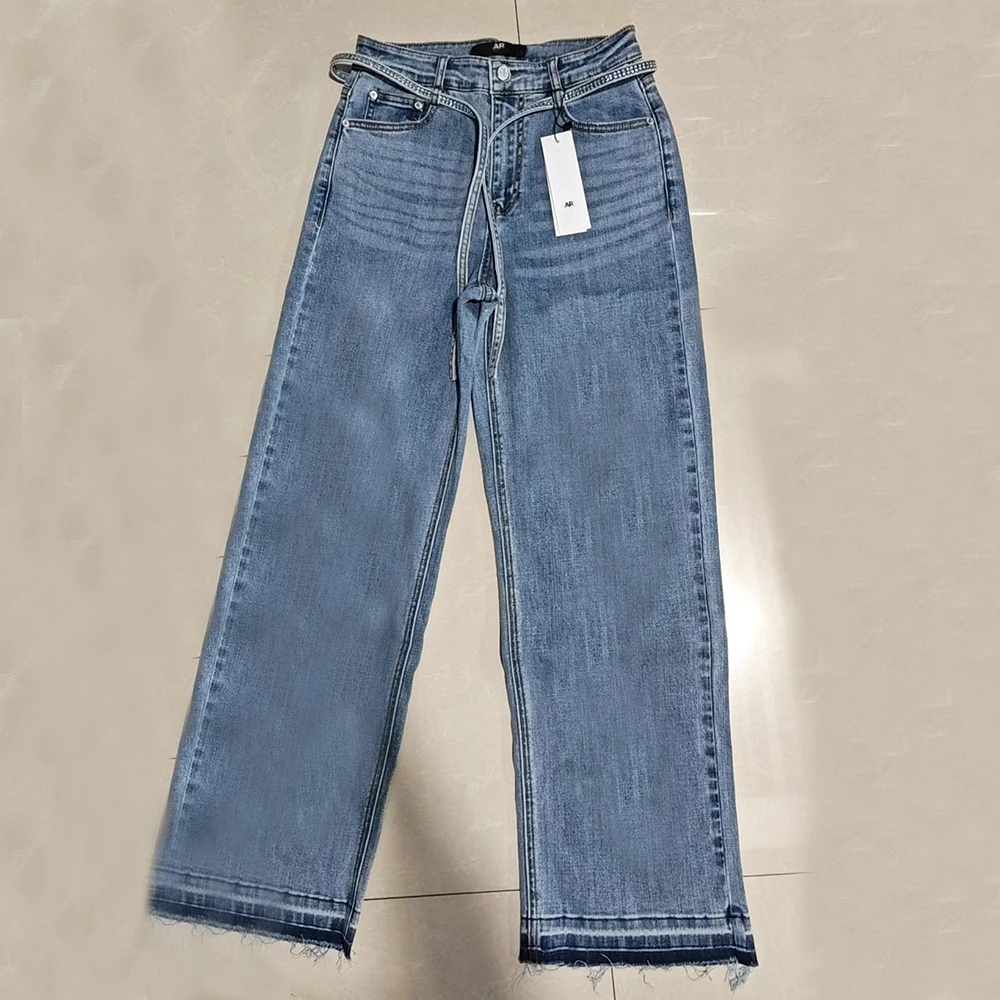 

New Women's High Waist Straight Leg Jeans Belted Pocket Rhinestone Washed Denim Summer Fashion Ladies' Premium Quality Trousers