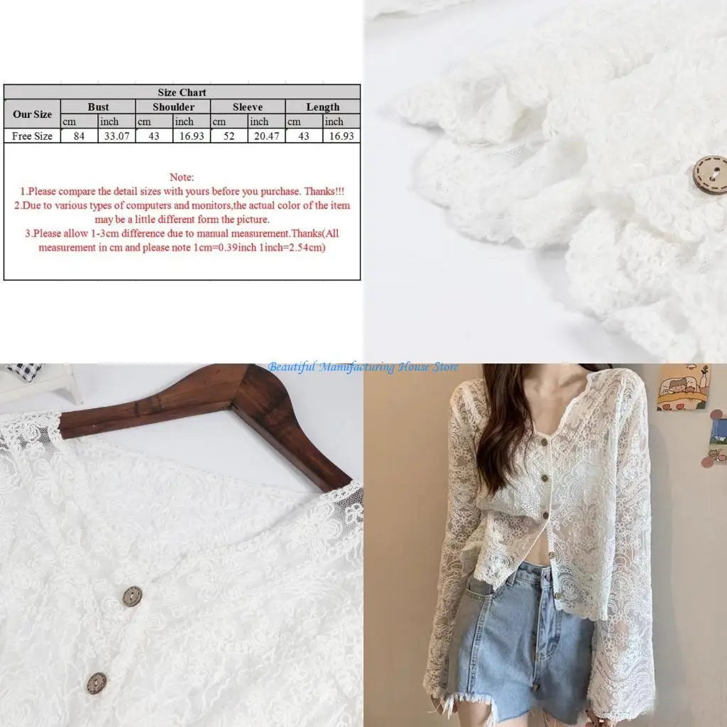 

E56A Women Lace Long Sleeve Crochet Floral Blouse V-Neck Button Crop Cardigan