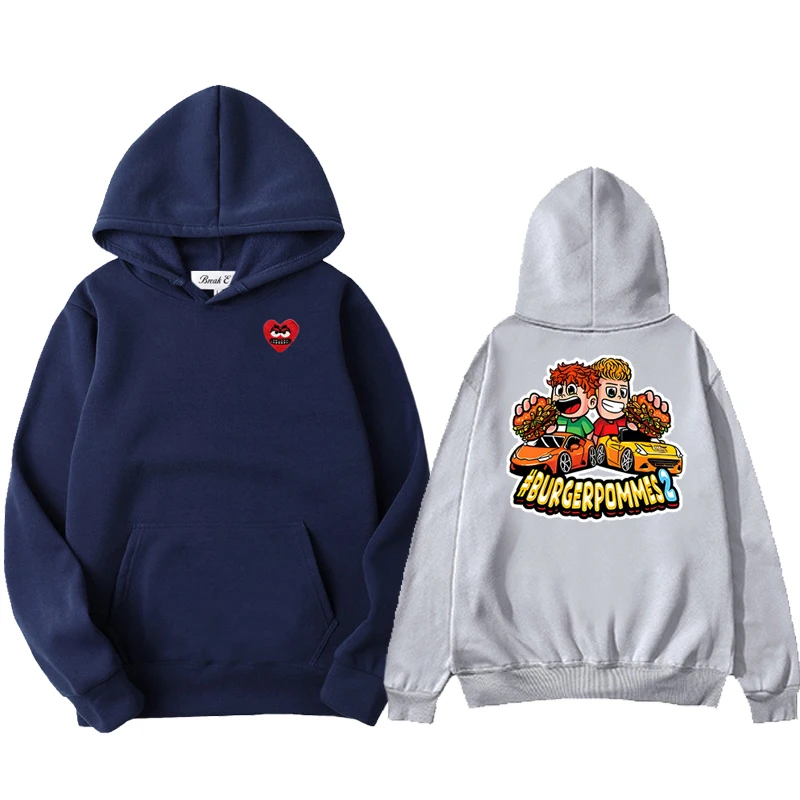 

Burgerpommes 2 Icrimax Graphic Women Men Hoodie Polyester Cool Snag Heart Embroidery Pullover Pockets Thin Loose Autumn Sweater