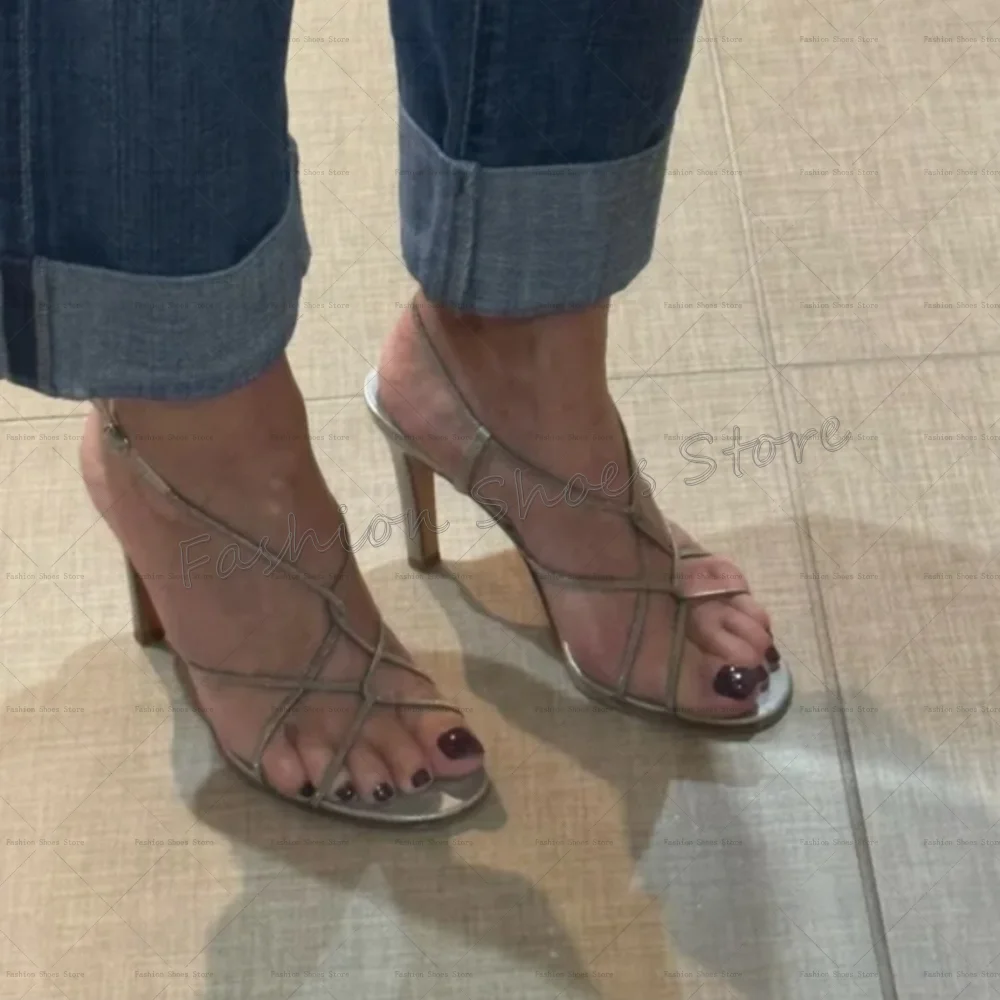 

Gold Cross Strap Hollow Out Sandals Round Toe Women Shoes Stilettos High Heels Party Banquet Dating 2025 Zapatos Para Mujere