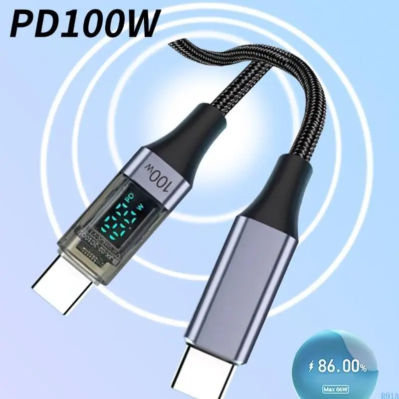 R91A USB C TO USB C 100W carregamento rápido 480Mbps Cord com exibição energia digital para laptops,