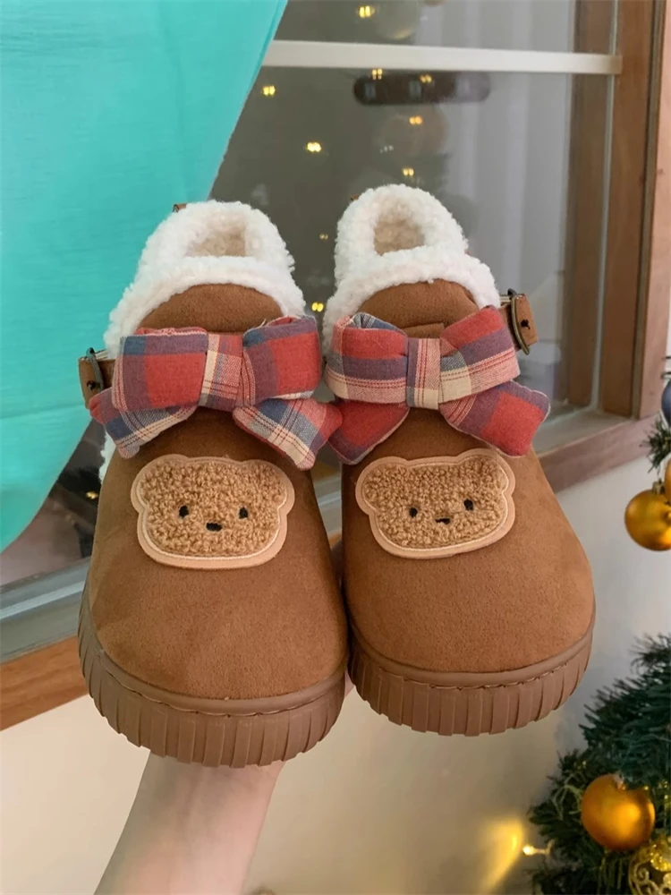 

Cute Bear Knot Cotton Shoes Women's Outdoor Winter Boots Short Tube Casual Style Velvet Surface Artificial Short Fur