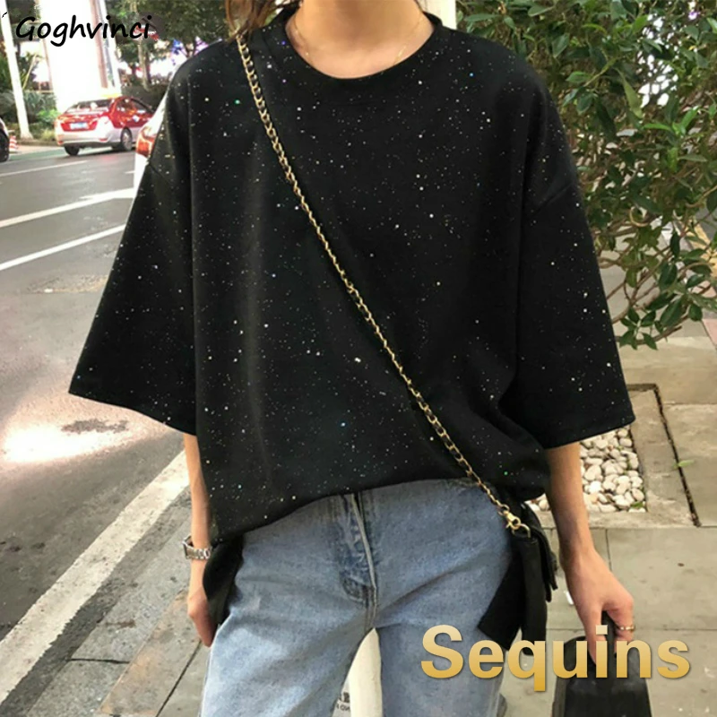 T-shirts Women Half Sleeve Asymmetrical Sequins Females Chic Leisure Slim Loose 2XL Harajuku Tees O-neck Design Elegant Retro