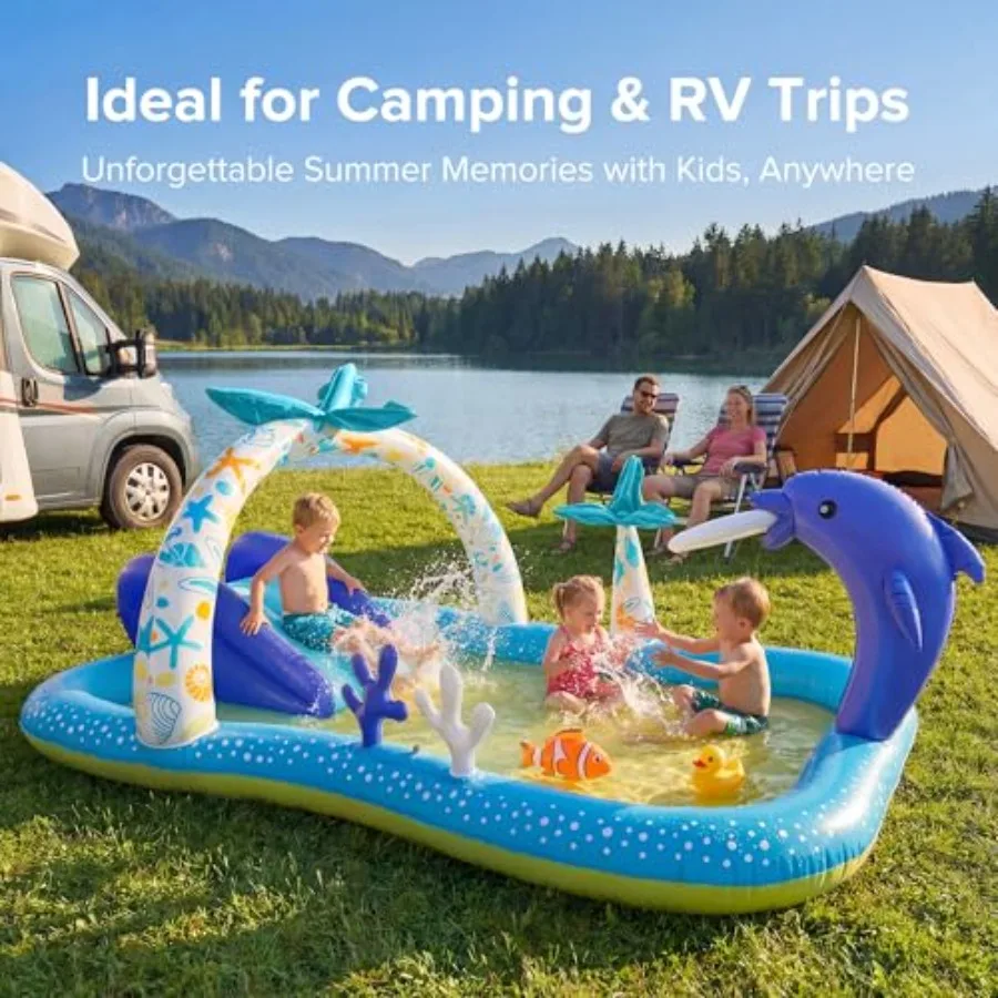 Kiddie Pool with Slide Inflatable Play Center for outdoor water play, PVC material, blue-white color, extra-large 95''x75''x40' view 4
