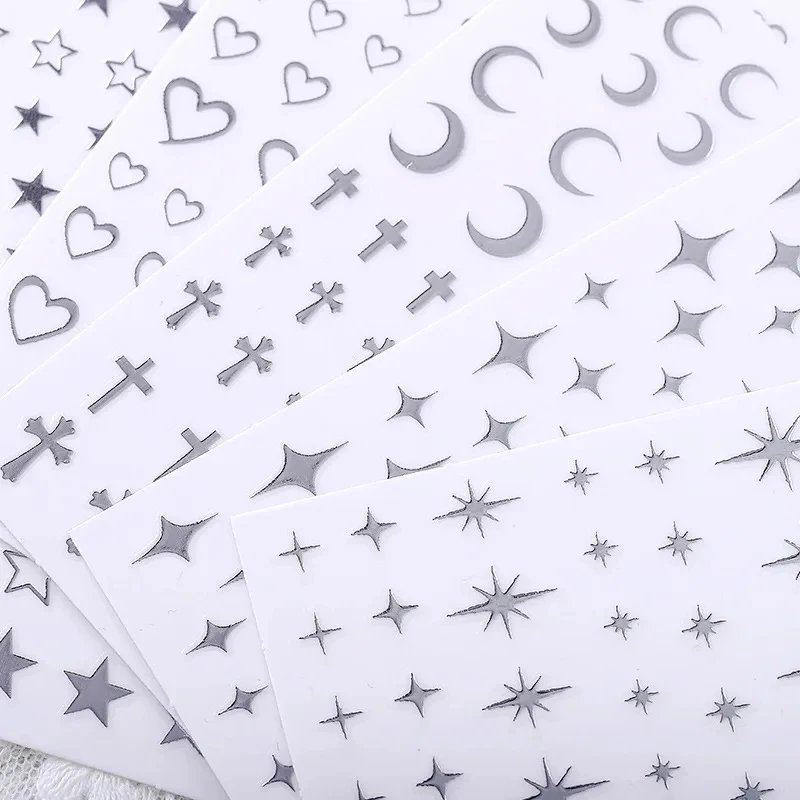 6Pcs Metallic Silver Star Heart Stickers 3D Moon Art Nail Decals DIY Kpop Scrapbooking Journal Decor Sticker Stationery