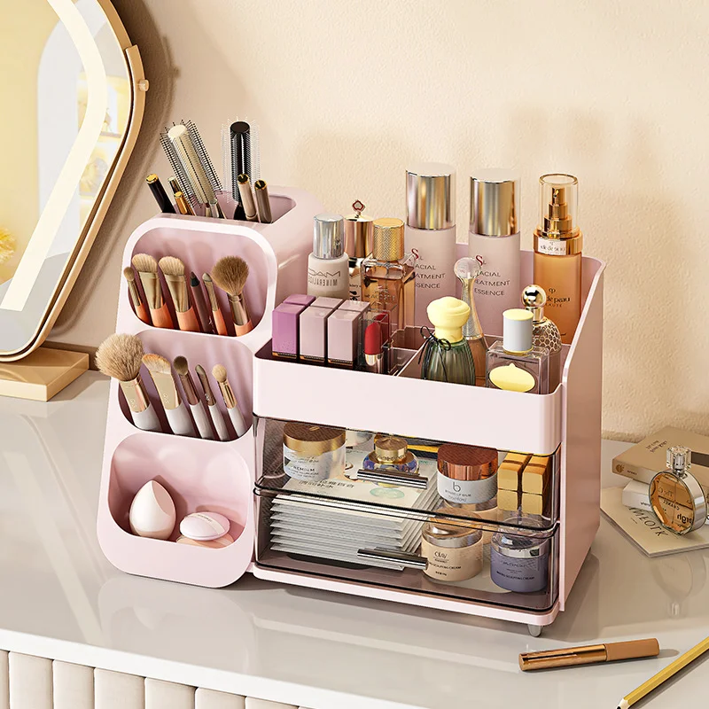 Make-up-Organizer mit großem Fassungsvermögen für den Schreibtisch – Kosmetik-Aufbewahrungsbox mit Fächern für Pinsel, Lippenstift, Lidschatten und Puffs