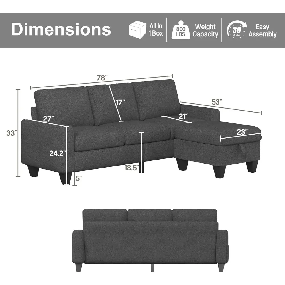 Convertible Sectional Sofa,Linen Fabric Modern 3Seat L Shaped Upholstered Couch Set with Storage Reversible Ottoman, Pockets