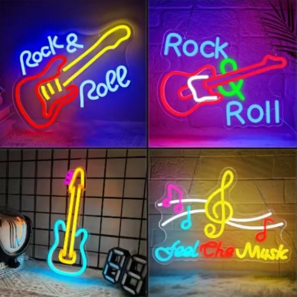 

Rock and Roll Neon Sign for Wall Decor, LED Guitar for Music Room, Bar, Bedroom, Man Cave, Game Room, Cool Music Neon Decor