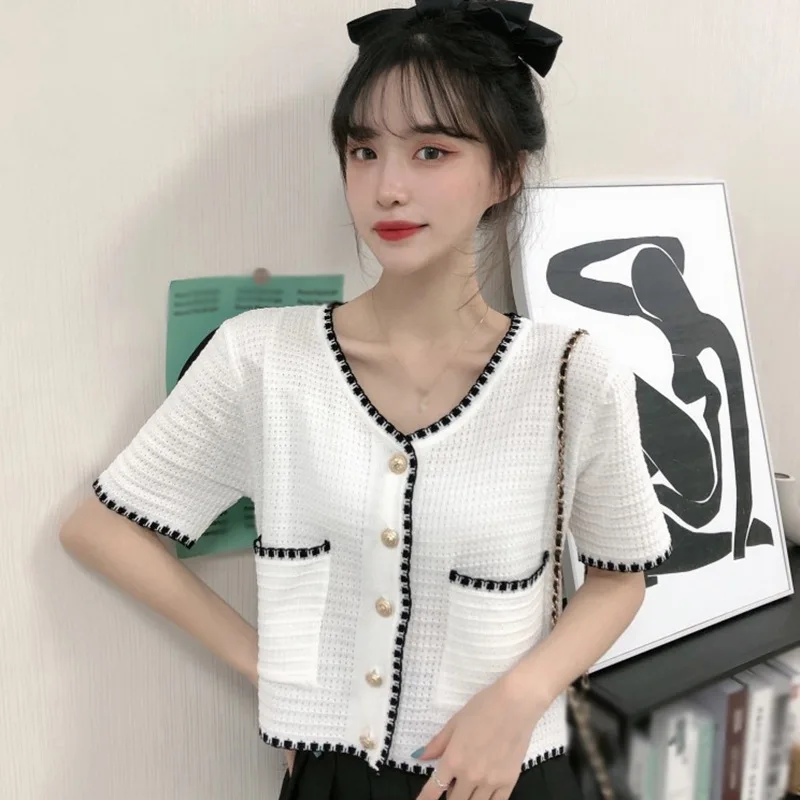 Women French Sweetness V-Neck Knit Sweaters Short Sleeve Solid Color Thin Cardigan Short Lightweight Top