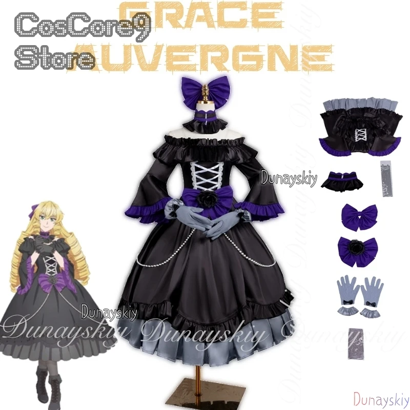 

От Бюрократа до злодея:Переинкарнированный Датой! Аниме с черным платьем Лолиты Грейс Ауверн Косплей disfraz Полный костюм