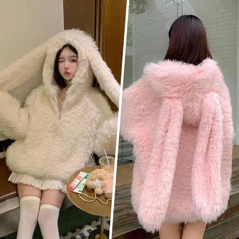 

Women's Faux Lamb Fur Coat Thickened Loose Jacket Cute Rabbit Ear Design Soft Plush Coat Warm Casual Outerwear Eco-friendly