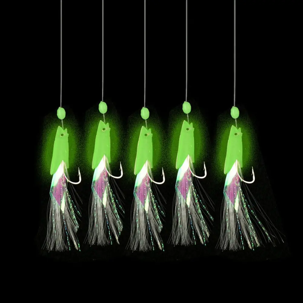 5Pcs/Set Luminous Portable Carbon Steel  Fishing Tackle Tied up Glow fish lure long tail  Soft bait  String hook