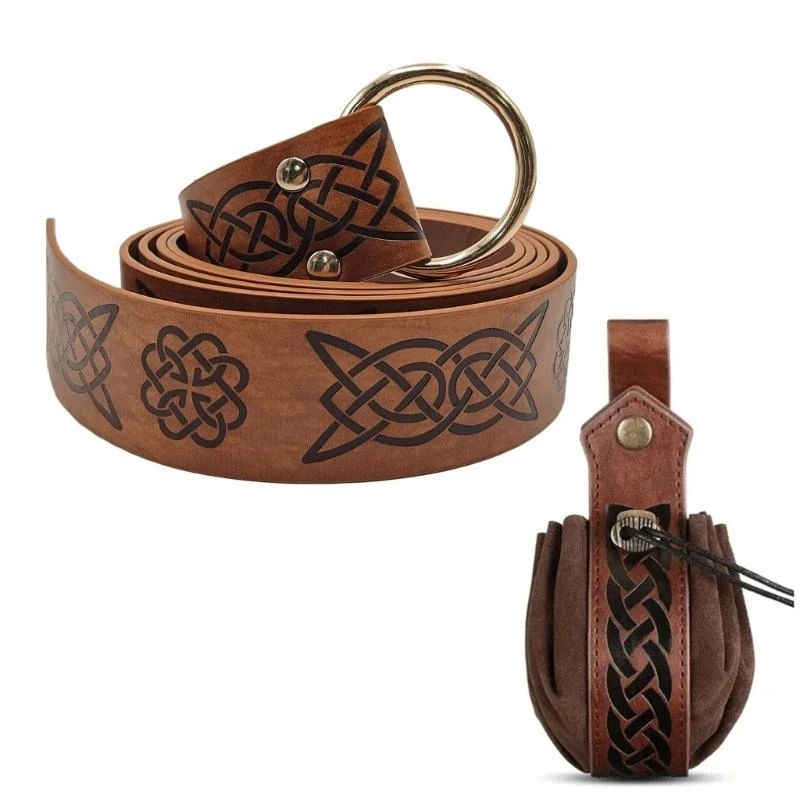 

39BD Medieval Keltic Embossed Waist Belt Vintage Knight Belt Bag Men Women Belt Drawstring Purse Unisex Costume Accessories